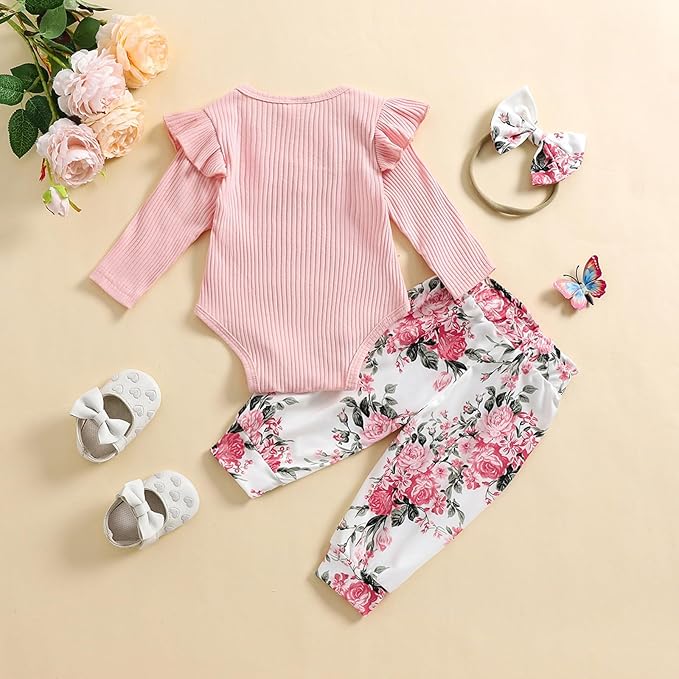 Baby Girls Clothes Ribbed Romper Bodysuit Pants Headband Set Fall Winter Outfits