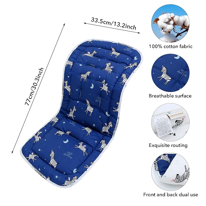 Baby Stroller Cushion,Infant Car Seat Insert-Reversible Universal Breathable and Soft Newborn Stroller Mat,100% Cotton Cover Toddler Seat Pad Liner-34x78cm,1 Pack(Blue Zebra)