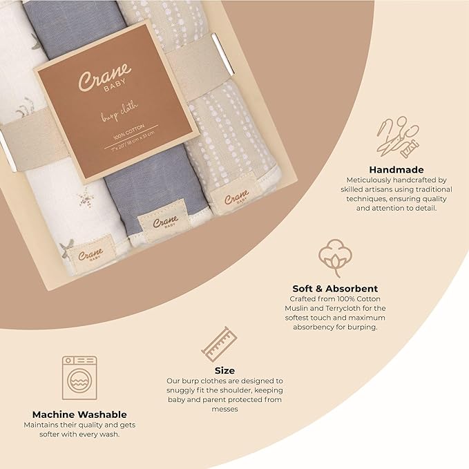 Crane Baby Muslin Baby Burp Cloths, Lightweight Absorbent Burp Cloth, Sea Life Jellyfish, Set of 3, 7” x 20”, Newborn Baby Essentials, Burp Cloths Baby Boy, Burp Cloths Baby Girl, Newborn Essentials