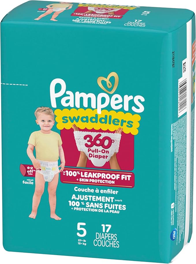 Pampers Diapers - Swaddlers 360° - Size 5, 17 Count, up to 100% Leakproof Comfy Dry Fit, Designed for Easy Changes, Pull On Baby Diaper