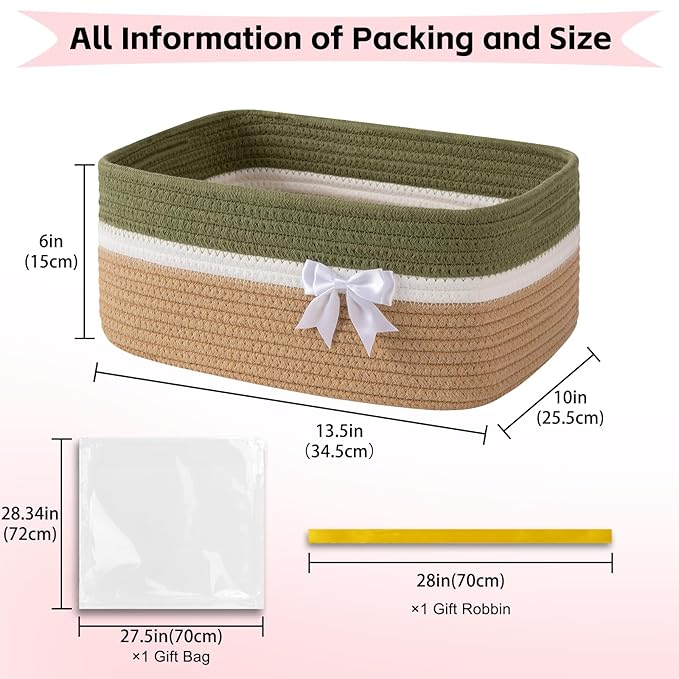 OIAHOMY Large Woven Storage Basket with Handles for Nursery Living Room Shelves, Bow Basket for Gifts Empty with Gift Bags and Ribbons for Baby Showers Pet Toy Bin - Light Green & Yellow