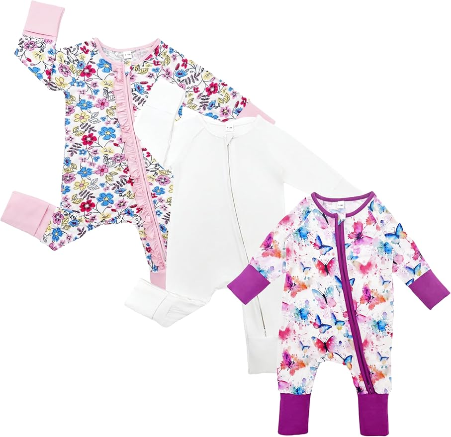 Bow Dream Bamboo Rayon Baby Boy Romper Footed Long Sleeve Footies Newborn Girl Clothes Footless with Zipper and Mitten Cuffs