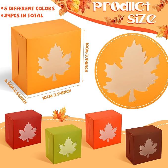 Dispowreath 24 Pcs Fall Treat Boxes Fall Cardboard Box with Maple Leaf Shape Window Autumn Thanksgiving Bakery Box Thanksgiving Paper Gift Container for Cookie Goodie Candy Party Favors