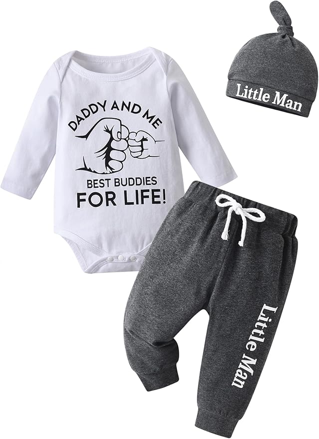 KuKitty Newborn Infant Baby Boy Clothes Long Sleeve Romper + Pants + Hat 3PCS Outfits Set