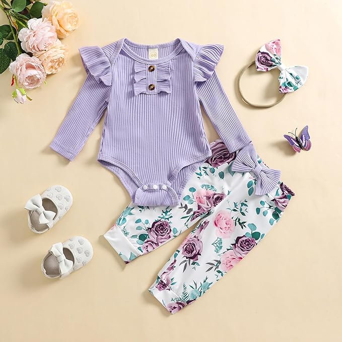 Baby Girls Clothes Ribbed Romper Bodysuit Pants Headband Set Fall Winter Outfits