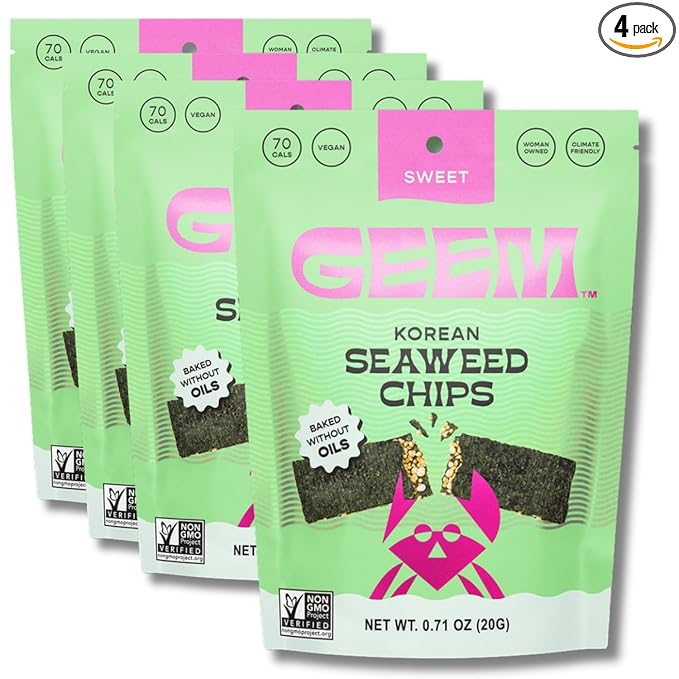GEEM Seaweed Snacks – Korean Seaweed Chips with Rice Crisps & Sesame | Crunchy, Oil-Free Snack | Vegan, Non-GMO | Great for Kids & Adults | Sweet 4-Pack