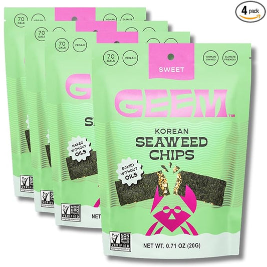 GEEM Seaweed Snacks – Korean Seaweed Chips with Rice Crisps & Sesame | Crunchy, Oil-Free Snack | Vegan, Non-GMO | Great for Kids & Adults | Sweet 4-Pack