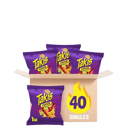 Takis Fuego 40 pc / 1 oz Multipack - Hot Chili Pepper & Lime Flavored Extreme Spicy Rolled Tortilla Chips - Individual Bags, Perfect for Tailgates, Parties, Lunchboxes or Lunches