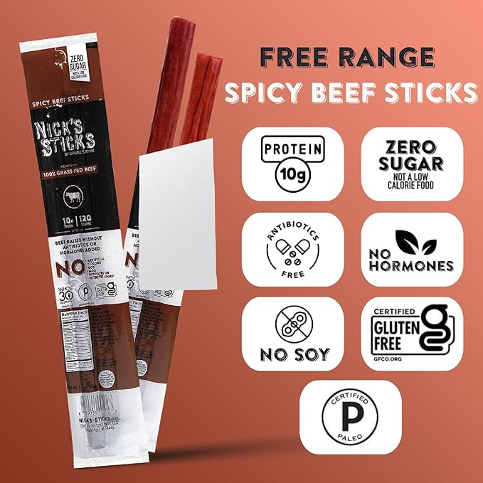 Nick's Sticks Clean & Balanced 100% Grass-Fed Spicy Beef Snack Sticks | Made in the USA | Gluten Free | Paleo, Keto, Whole30 Approved | No Soy, Antibiotics or Hormones (12 – 1.7oz. Packages of 2 Sticks)