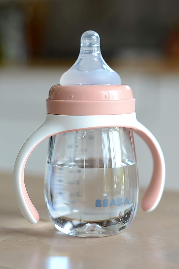 BEABA 2-in-1 Baby Bottle to Transition Sippy Cup, No Spill Sippy Cup, Includes Removable Handles, Silicone Baby Bottle Nipple and Soft Spout, 7 oz (Rose)