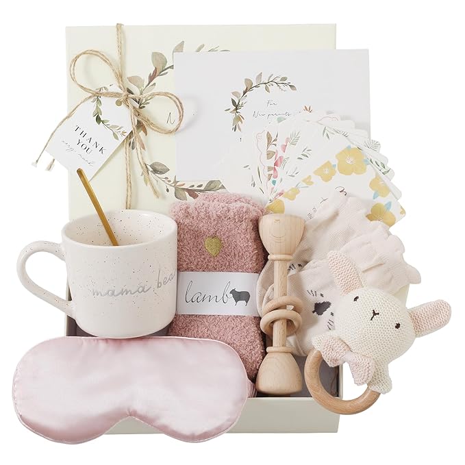 New Mom & Baby Gift Basket | Pregnancy & Baby Shower Gifts for First-Time Moms | Pink Mama Bear Mug & Bunny Rattle Gift Set