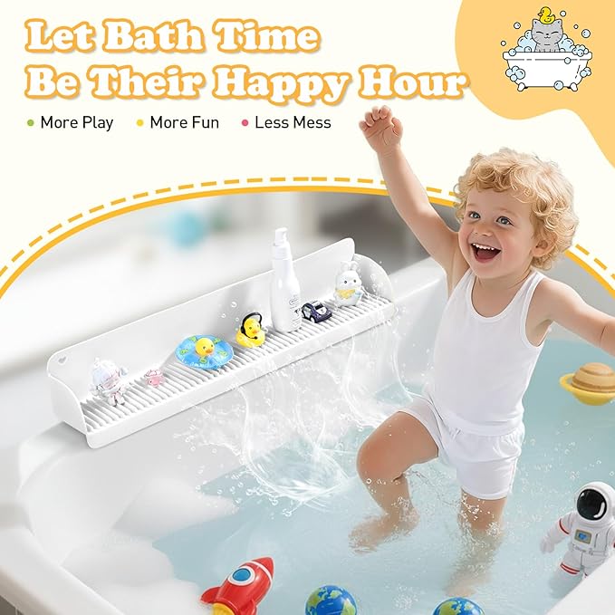 24 Inch Bathtub Splash Guard with 10 Suction Cups, Silicone Tub Water Splash Guard for Bathtub, Bath Toy Tray Holder Play Shelf for Kids, Universal for Bathroom, Kitchen Sink (White)