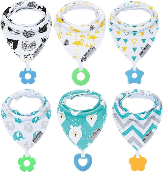 Baby Bandana Drool Bibs 6-Pack and Teething Toys 6-Pack Made with 100% Organic Cotton, Absorbent and Soft Unisex