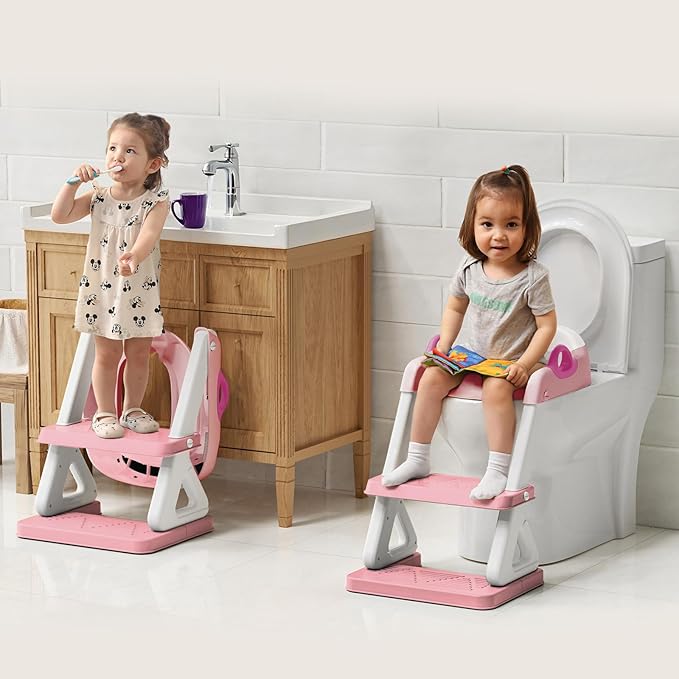 Potty Training Toilet Seat with Step Stool Ladder for Boys and Girls, 2 in 1 Potty Training Toilet, Splash Guard Anti-Slip Pad Step Stool （Pink) Pedal Upgrade