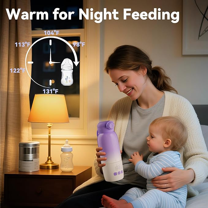 Portable Bottle Warmer for Travel: Large 12oz Capacity with Dual Heating Modes for Breast Milk & Water, Fast Heating Smart Temperature Control, Portable Milk Warmer Gifts for New Mom Purple