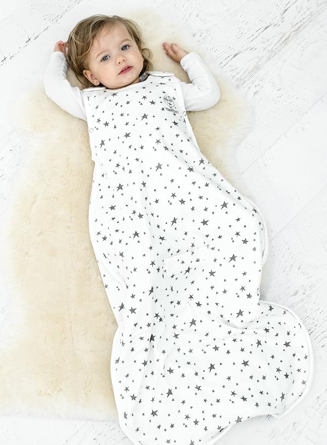 Woolino 4 Season Ultimate Baby Sleeping Bag - Merino Wool and Organic Cotton - Universal Size Adjustable Sleep Sack for Baby - Two-Way Zipper Sleeping Bag (2-24 Months) - Stars White