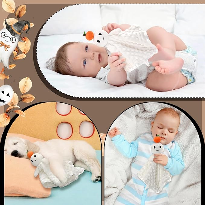 16 in Halloween Pumpkin Ghost Security Blanket Loveys for Babies Newborn Infant Toddler Orange Soft Stuffed Security Blanket with Toy Rattle Lovely Plush Sleeping Snuggle Gifts Baby Gifts
