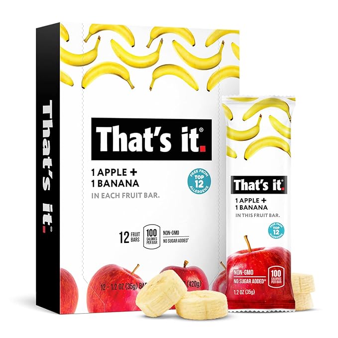 That's It Nutrition Apples + Banana 100% Natural Real Fruit Bar, Paleo for Children & Adults, Non GMO Sugar-Free, No preservatives Energy Food, 14.4 Oz, Pack of 12
