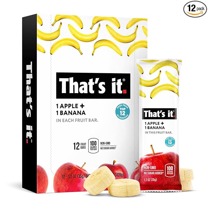 That's it Apple + Banana 100% Natural Real Fruit Bar, Best High Fiber Vegan, Gluten Free Healthy Snack, Paleo for Children & Adults, Non GMO Sugar-Free, No Preservatives Energy Food (12 Pack)