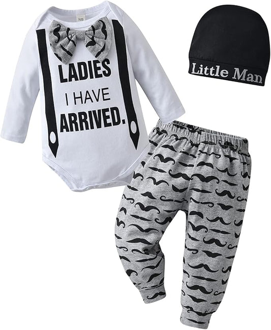 KuKitty Newborn Infant Baby Boy Clothes Long Sleeve Romper + Pants + Hat 3PCS Outfits Set