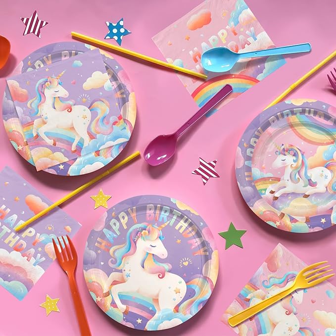 birthday Party Supplies Kit for 24 Guests - for Unicorn Birthday Decorations, Includes Dinner & Dessert Plates, Napkins, Cups, Banner and Tablecloth for Unicorn 1st Birthday Party Decorations