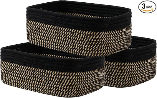 Small Woven Basket, 12 x 8 x 4.5 Inches, Storage Basket for Organizing, Cute Small Rope Shelf Closet Cube Storage Bins Baskets for Shelves, Dog Toy Gift Baskets Empty, 3 Pack Black & Brown