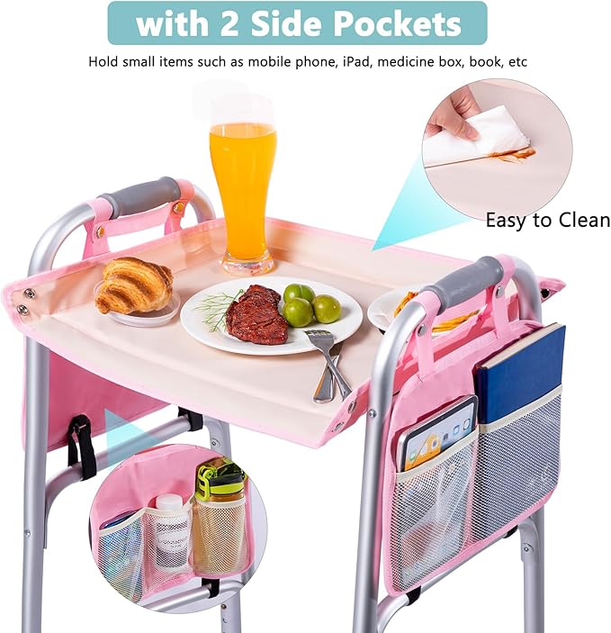 BAGSFY Walker Tray with Cup Holder & 2 Side Pockets, Folding Walker Table for Seniors | Sturdy, Easy-Clean Tray with PEVA Surface | Universal Fit for Standard Walkers, Walker Accessory for Elderly