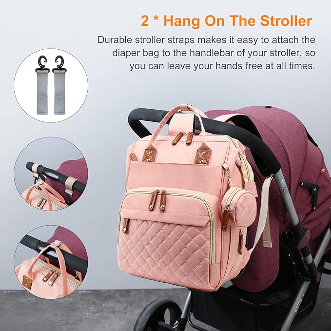 Diaper Bag with Changing Station, Waterproof Baby Bags for Boys & Girls, USB Charging Port for Parents, Must-Have Baby Essentials & Lovely Baby Shower Gifts, Pink
