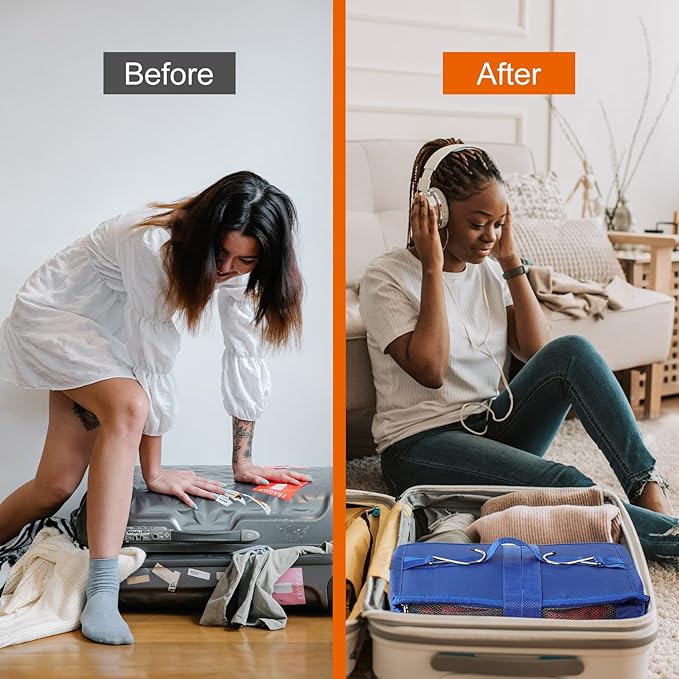 TABITORA Travel Portable Hanging Shelves Closet Organizer Packing Luggage Organizer and Storage with Multifunctional and Foldable Invisible Compartment,Lightweight,for Suitcase, RV,Closet…Blue,XL