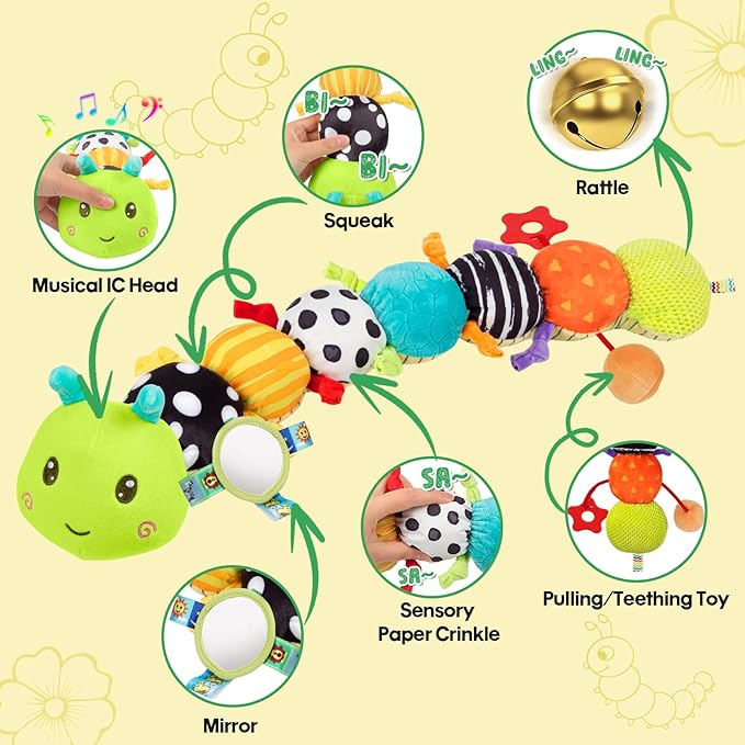 Baby Sensory Toys 0-6 6-12 Months, Musical Plush Animal Stuffed Caterpillar with Crinkle & Rattle, Tummy Time Toys for Infants Newborn 3 6 9 12 18 Months, Car Seat and Shower Gifts for Boys Girls