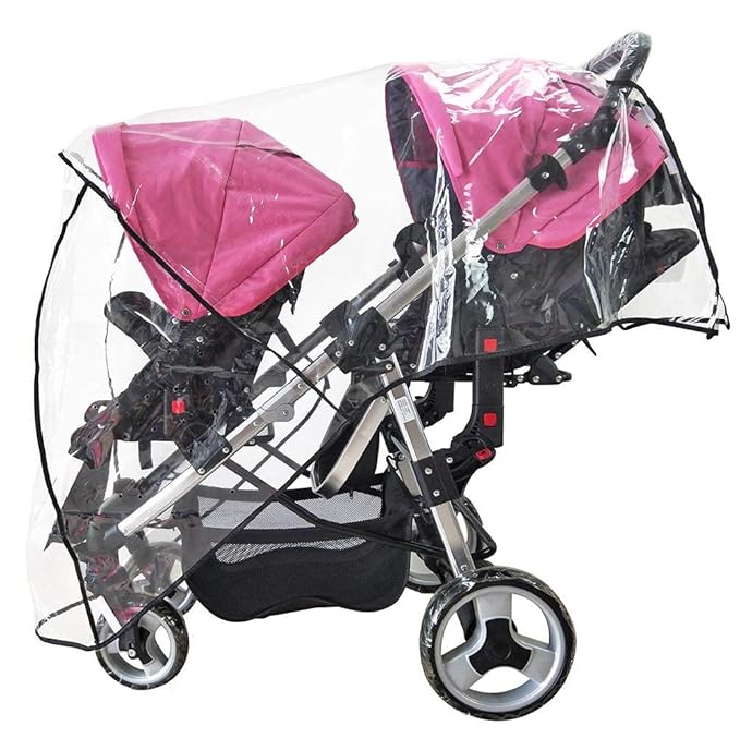 Weather Shield Double Stroller Rain Cover Twin Tandem Universal Size Baby Toddler Wind Shield Deal Popular Accessories Waterproof Windproof Travel Insect Protector (QH)