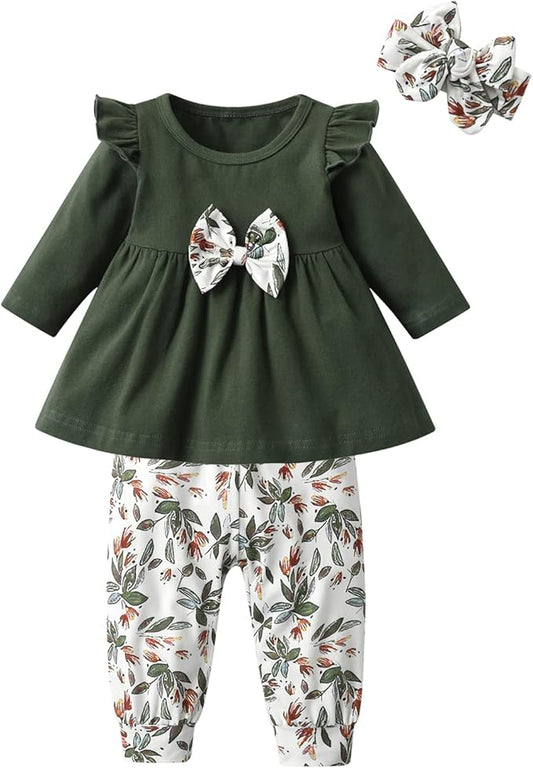 3PCS Baby Girl Clothes Ruffle Floral Shirt Tops Pants Headband Outfit Sets