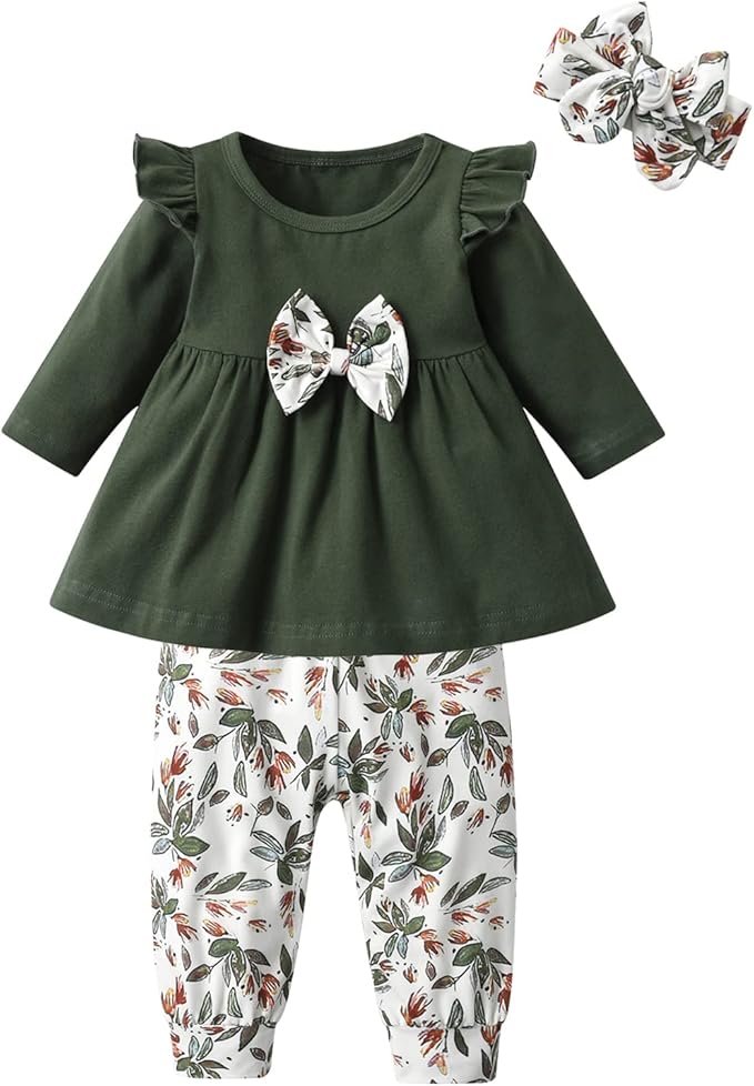 3PCS Baby Girl Clothes Ruffle Floral Shirt Tops Pants Headband Outfit Sets