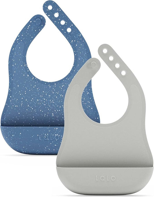 Lalo The Bib - Waterproof, Non-Toxic Silicone Baby Bib with Adjustable Neck Band & Silicone Food Pouch Catcher, Set of 2