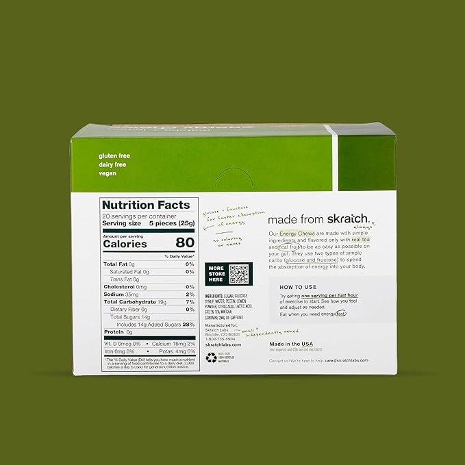 Skratch Labs Energy Chews | Gummies for Running, Cycling, and Sports Performance | Gel Alternative | Matcha + Lemon (10 Pack) | Gluten Free, Vegan