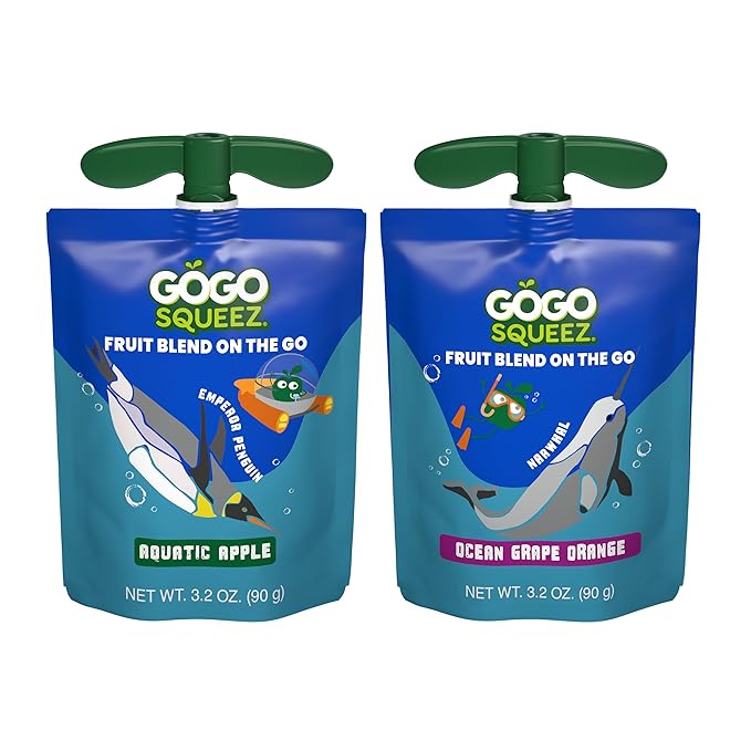 GoGo squeeZ Applesauce and Fruit Puree Underwater Species Discovery Pack, Aquatic Apple and Ocean Grape, 3.2 oz Pouches (Pack of 20), Unsweetened Snacks for Kids, BPA Free Pouches