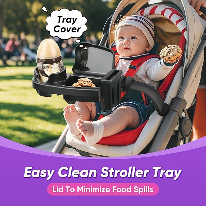 Universal Stroller Snack Tray, 3 in 1 Stroller Cup Holder with Phone Holder and Silicone Flexible Arms Grip, Stroller Tray Attachment Compatible with Uppababy, Baby Jogger, Britax (Snack Tray)