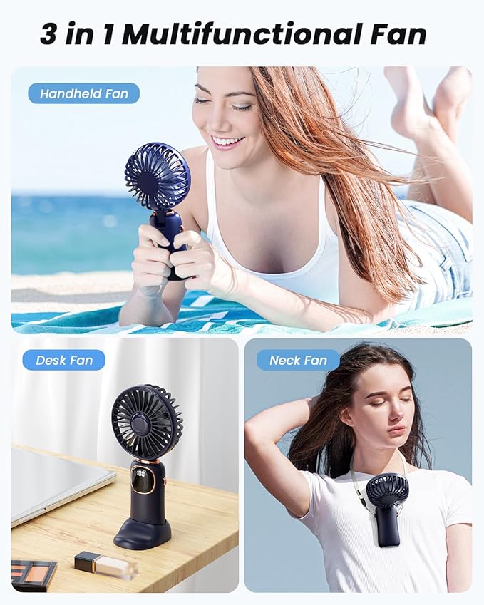 coldSky Portable Handheld Fan, 4000mAh Battery Operated Fan with LED Display, Handheld/Neck/Desk 3 in 1 Personal Small Fans, 90° Foldable Desk Fan with Base, 5 Speed Makeup Lash Fan for Women Blue