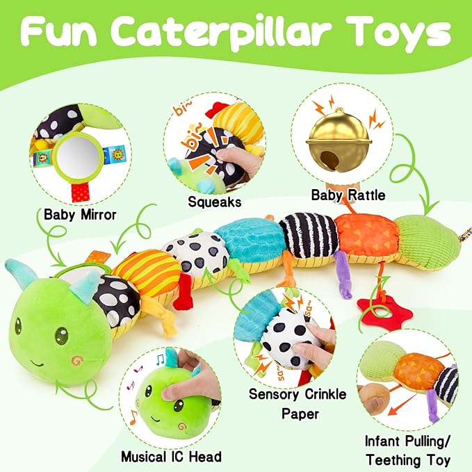 Baby Sensory Toy 0-6 Month Music Animal Stuffed Plush Caterpillar Toy for Infant 0-3-6 Month Tummy Time with Baby Mirror Crinkle Rattle for 6-12 Month Carseat Toys for Newborn Boys Girls Shower Gifts