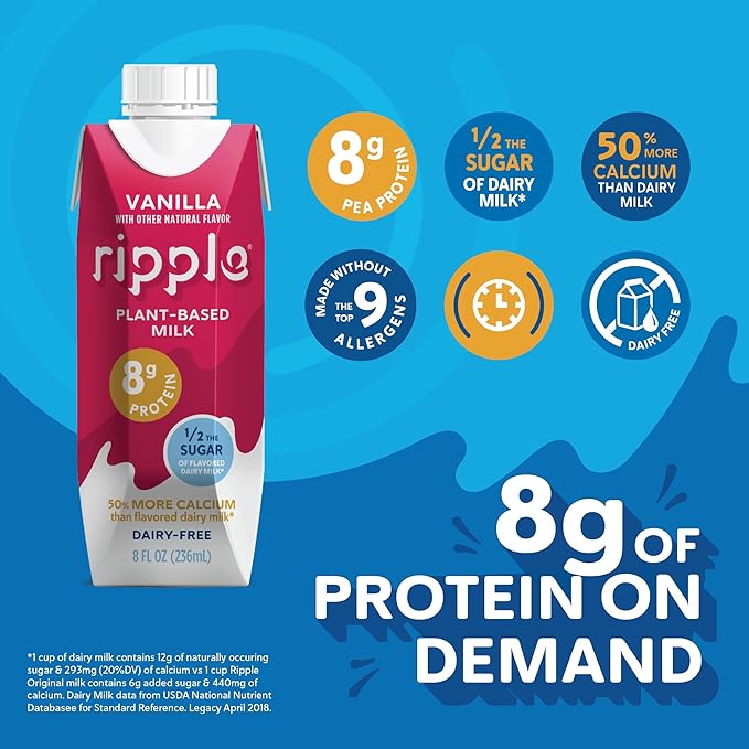 Ripple Non-Dairy Milk, Vanilla | Vegan Milk With 8g Pea Protein | Shelf Stable Single Serve Cartons | On-The-Go | Non-GMO, Plant Based, Gluten Free | 8 oz (Pack of 12)