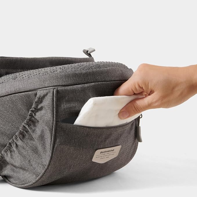 Sunveno Ergonomic Hip Seat Baby Carrier with Detachable Double Shoulder Straps, Waist & Back Relief, Breathable Mesh, Non-Slip Seat + Storage Pockets, Fits Infants & Toddlers 0-36 M up to 45 lbs