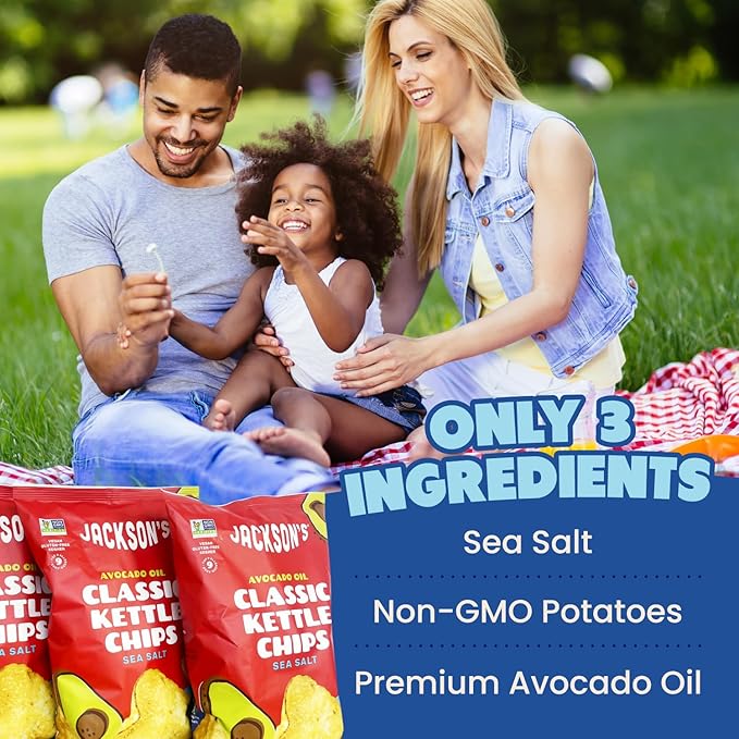 Jackson’s Potato Classic Kettle Chips with Sea Salt (5oz, Pack of 7) - Made with Premium Avocado Oil - Allergen-friendly, Gluten Free, Peanut Free, Vegan, Kosher - Shark Tank Product