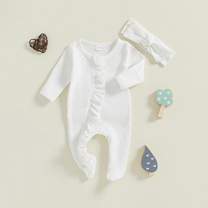 Fanvereka Newborn Infant Baby Girl Fall Outfit Romper 3 6 12 Months Girls Long Sleeve Full Length Zipper Footie Headband