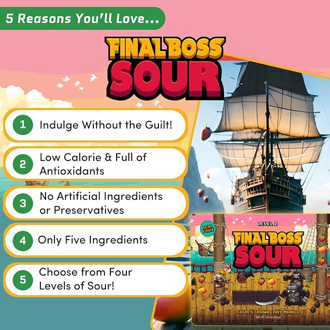 Final Boss Sour Candy Strawberry and Mango, 1 Pack, Level 2, Extreme Sour Fruit Chews with Real Dried Fruit, No Artificial Colors or Flavors, Low Calorie Snack for Kids, Teens, Adults & On The Go