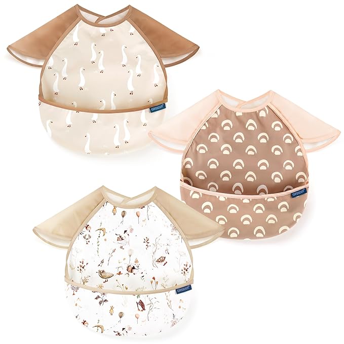 GRSSDER 3-pack Mess Proof Baby Feeding Bibs with Food Catcher Pocket, Soft Lightweight Waterproof Fabric Material with Zero Plastic-like Feel, Adjustable and Easy Clean Toddler Bibs for 6-36 Months