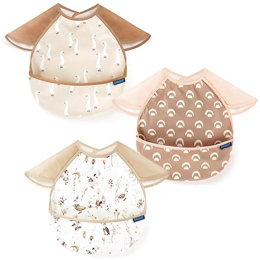 GRSSDER 3-pack Mess Proof Baby Feeding Bibs with Food Catcher Pocket, Soft Lightweight Waterproof Fabric Material with Zero Plastic-like Feel, Adjustable and Easy Clean Toddler Bibs for 6-36 Months