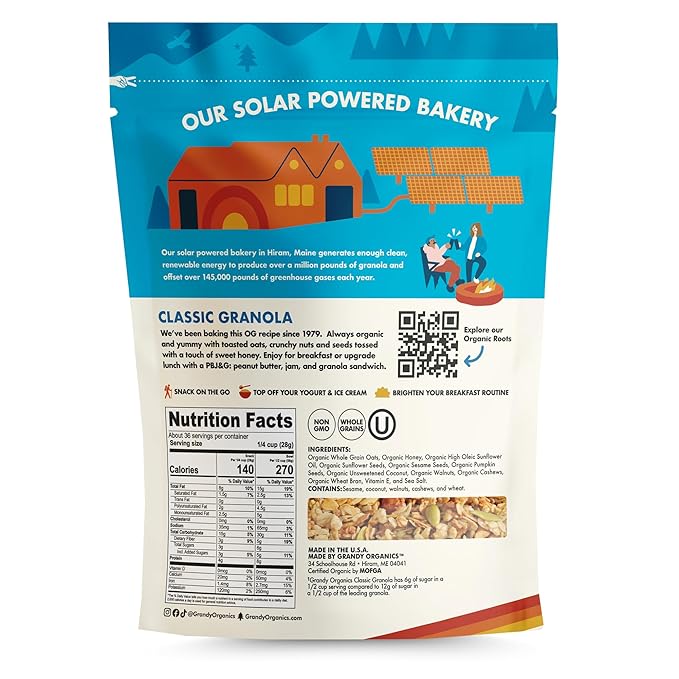 Grandy Organics Classic Granola, Certified Organic Granola Cereal, Low Sugar - Made with Oats, Pumpkin Seeds, Walnuts and Cashews, 12oz Bags, Bulk Pack of 3