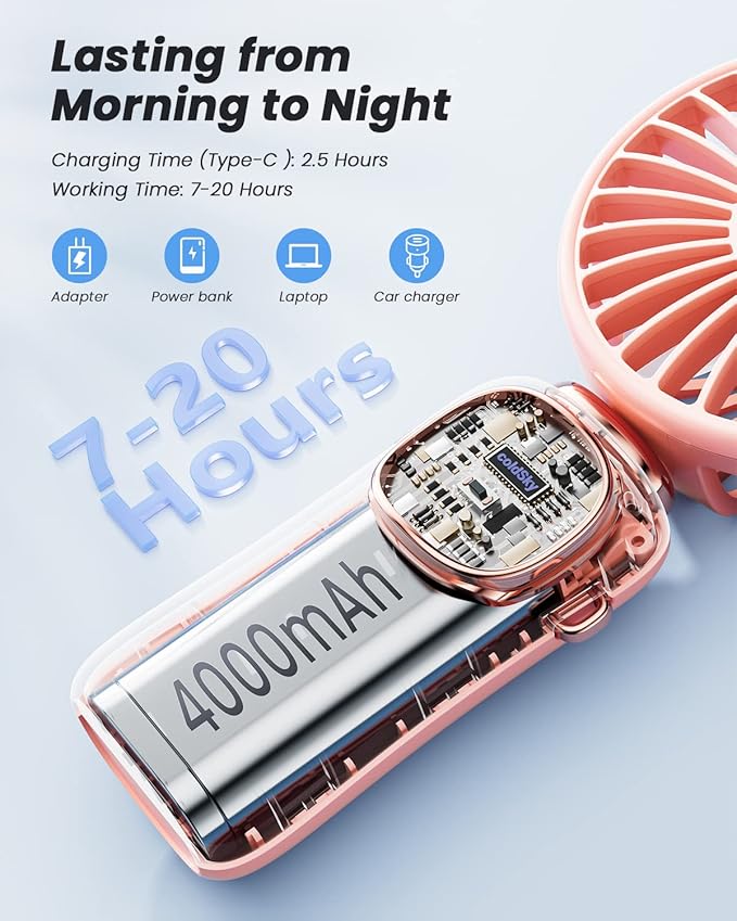 coldSky Portable Handheld Fan, 4000mAh Battery Operated with LED Display, Handheld/Neck/Desk 3 in 1 Personal Small Fan, 90° Foldable Desk Fan with Base, 5 Speed Lash Makeup Fan for Women