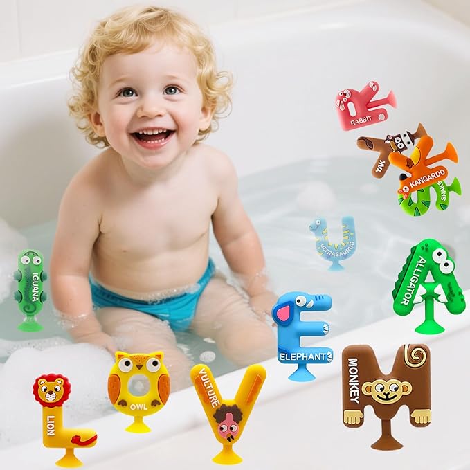 LIFUGS Suction Bath Toy for Toddler,26PCS Animal Alphabet,Montessori Sensory Toy,No Hole Bath Toy for BathToys for Kids Ages1-3,Early Alphabet Learning Tools,Educational Spelling for Autism/ADD/ADHD