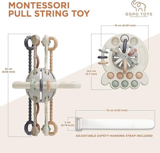 GOPO TOYS Baby Airplane Toys – Montessori Silicone Pull String Fidget for Babies 18 Months+ – Travel Toy for Plane, Car, and Stroller – Teether & Sensory Play